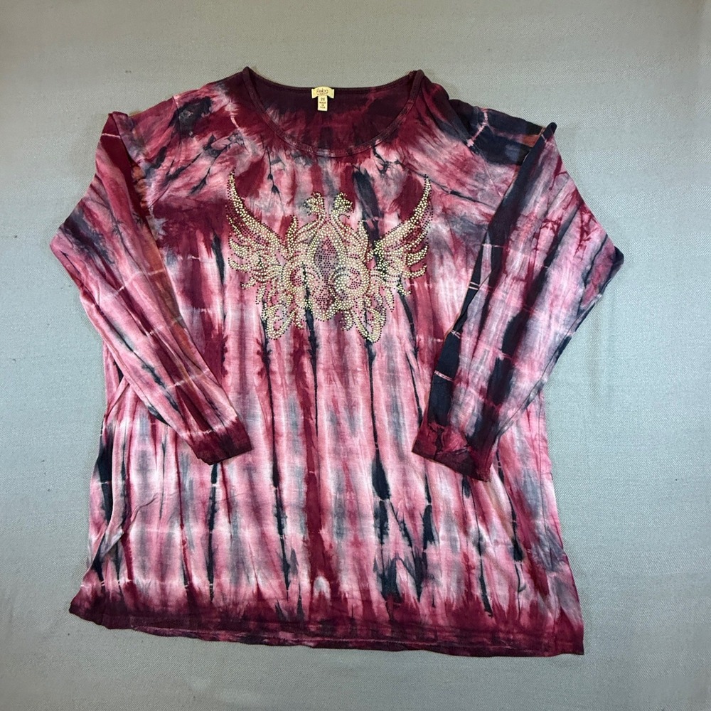 Reba Woman 2X Tie Dye Rhinestone Embellished Long Sleeve Rayon Top Burgundy 1948